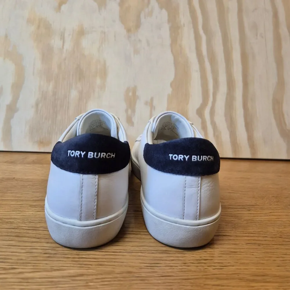 Tory Burch Women's T Logo Leather Sneakers White Navy Size 7M Low Top